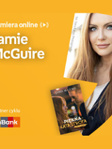 Plakat ze zdjęciem pisarki i okładką książki w prawej części. W części lewej u góry białe napisy na pomarańczowym tle.