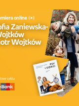 Plakat ze zdjęciem autorów i okładką książki w prawej części. W części lewej u góry białe napisy na pomarańczowym tle.