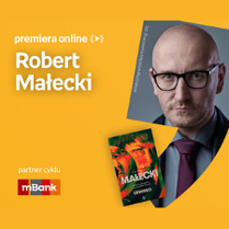 Plakat ze zdjęciem pisarza i okładką książki w prawej części. W części lewej u góry białe napisy na pomarańczowym tle.