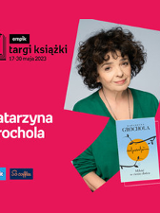 Plakat ze zdjęciem pisarki i okładką książki w prawej części. W części lewej imię i nazwisko na różowym tle.