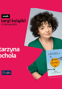 Plakat ze zdjęciem pisarki i okładką książki w prawej części. W części lewej imię i nazwisko na różowym tle.