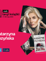 Plakat ze zdjęciem pisarki i okładką książki w prawej części. W części lewej imię i nazwisko na różowym tle.