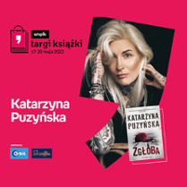 Plakat ze zdjęciem pisarki i okładką książki w prawej części. W części lewej imię i nazwisko na różowym tle.