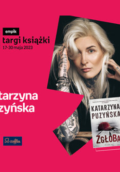 Plakat ze zdjęciem pisarki i okładką książki w prawej części. W części lewej imię i nazwisko na różowym tle.