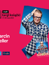 Plakat ze zdjęciem Marcina Mellera i okładką książki w prawej części. W części lewej imię i nazwisko na różowym tle.