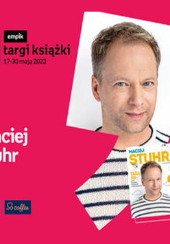 Plakat ze zdjęciem Macieja Stuhra i okładką książki w prawej części. W części lewej imię i nazwisko na różowym tle.