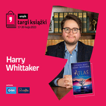 Plakat ze zdjęciem autora i okładką książki w prawej części. W części lewej imię i nazwisko na różowym tle.