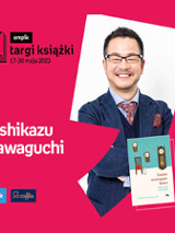 Plakat ze zdjęciem autora i okładką książki w prawej części. W części lewej imię i nazwisko na różowym tle.