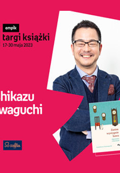 Plakat ze zdjęciem autora i okładką książki w prawej części. W części lewej imię i nazwisko na różowym tle.