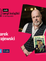 Plakat ze zdjęciem pisarza i okładką książki w prawej części. W części lewej imię i nazwisko na różowym tle.