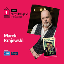 Plakat ze zdjęciem pisarza i okładką książki w prawej części. W części lewej imię i nazwisko na różowym tle.