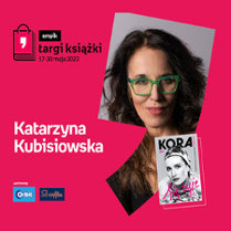 Plakat ze zdjęciem autorki i okładką książki w prawej części. W części lewej imię i nazwisko na różowym tle.