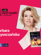 Plakat ze zdjęciem pisarki i okładką książki w prawej części. W części lewej imię i nazwisko na różowym tle.