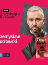 Plakat ze zdjęciem pisarza i okładką książki w prawej części. W części lewej imię i nazwisko na różowym tle.