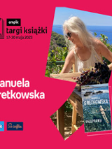 Plakat ze zdjęciem pisarki i okładką książki w prawej części. W części lewej imię i nazwisko na różowym tle.