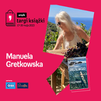 Plakat ze zdjęciem pisarki i okładką książki w prawej części. W części lewej imię i nazwisko na różowym tle.