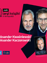 Plakat ze zdjęciem autorów i okładką książki w prawej części. W części lewej imiona i nazwiska na różowym tle.