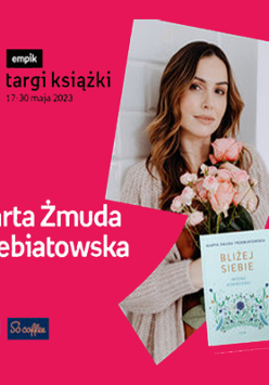 Plakat ze zdjęciem Marty Żmudy-Trzebiatowskiej i okładką książki w prawej części. W części lewej imię i nazwisko na różowym tle.