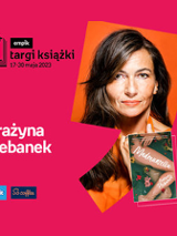 Plakat ze zdjęciem pisarki i okładką książki w prawej części. W części lewej imię i nazwisko na różowym tle.