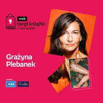 Plakat ze zdjęciem pisarki i okładką książki w prawej części. W części lewej imię i nazwisko na różowym tle.