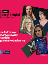 Plakat ze zdjęciem autorek i okładką książki w prawej części. W części lewej imiona i nazwiska na różowym tle.