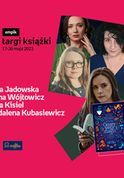 Plakat ze zdjęciem autorek i okładką książki w prawej części. W części lewej imiona i nazwiska na różowym tle.