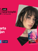 Plakat ze zdjęciem pisarki i okładką książki w prawej części. W części lewej imię i nazwisko na różowym tle.