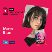 Plakat ze zdjęciem pisarki i okładką książki w prawej części. W części lewej imię i nazwisko na różowym tle.