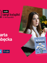 Plakat ze zdjęciem pisarki i okładką książki w prawej części. W części lewej imię i nazwisko na różowym tle.