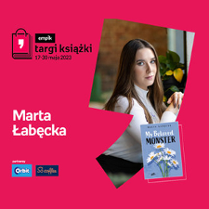 Plakat ze zdjęciem pisarki i okładką książki w prawej części. W części lewej imię i nazwisko na różowym tle.