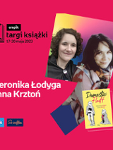 Plakat ze zdjęciem autorek i okładką książki w prawej części. W części lewej imiona i nazwiska na różowym tle.