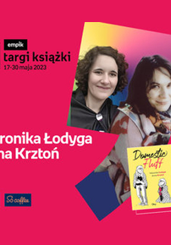 Plakat ze zdjęciem autorek i okładką książki w prawej części. W części lewej imiona i nazwiska na różowym tle.