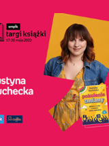 Plakat ze zdjęciem autorki i okładką książki w prawej części. W części lewej imię i nazwisko na różowym tle.