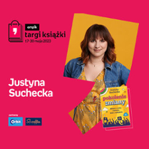 Plakat ze zdjęciem autorki i okładką książki w prawej części. W części lewej imię i nazwisko na różowym tle.