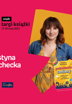 Plakat ze zdjęciem autorki i okładką książki w prawej części. W części lewej imię i nazwisko na różowym tle.
