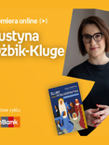 Plakat ze zdjęciem autorki i okładką książki w prawej części. W części lewej imię i nazwisko na pomarańczowym tle.