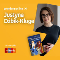 Plakat ze zdjęciem autorki i okładką książki w prawej części. W części lewej imię i nazwisko na pomarańczowym tle.