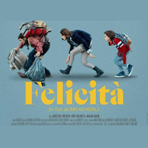 Plakat filmu: dwoje dorosłych i dziewczynka idą pochyleni, mężczyzna jest obładowany bagażami. Żółty tytuł filmu na błękitnym tle.