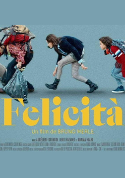 Plakat filmu: dwoje dorosłych i dziewczynka idą pochyleni, mężczyzna jest obładowany bagażami. Żółty tytuł filmu na błękitnym tle.