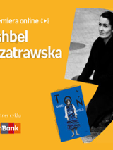Plakat ze zdjęciem autorki i okładką książki w prawej części. W części lewej imię i nazwisko na pomarańczowym tle.
