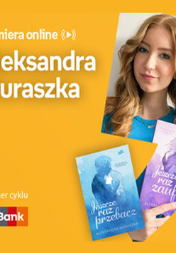 Plakat ze zdjęciem autorki i okładką książki w prawej części. W części lewej imię i nazwisko na pomarańczowym tle.