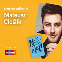 Plakat ze zdjęciem pisarza i okładką książki w prawej części. W części lewej imię i nazwisko na pomarańczowym tle.