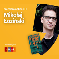 Plakat ze zdjęciem pisarza i okładką książki w prawej części. W części lewej imię i nazwisko na pomarańczowym tle.