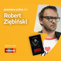 Plakat ze zdjęciem autora i okładką książki w prawej części. W części lewej imię i nazwisko na pomarańczowym tle.