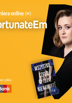 Plakat ze zdjęciem autorki i okładką książki w prawej części. W części lewej imię i nazwisko na pomarańczowym tle.