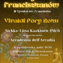 Informacje o koncercie na tle gałązki dzikiej róży i barokowego zegara