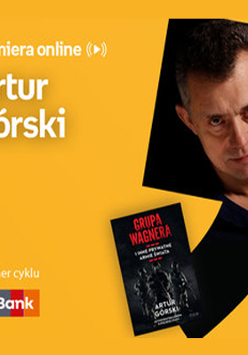 Plakat ze zdjęciem autora i okładką książki w prawej części. W części lewej imię i nazwisko na pomarańczowym tle.