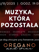 tytuł, nazwiska wspominanych wykonawców i logo restauracji na ciemnym tle