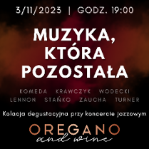 tytuł, nazwiska wspominanych wykonawców i logo restauracji na ciemnym tle