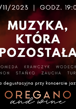 tytuł, nazwiska wspominanych wykonawców i logo restauracji na ciemnym tle